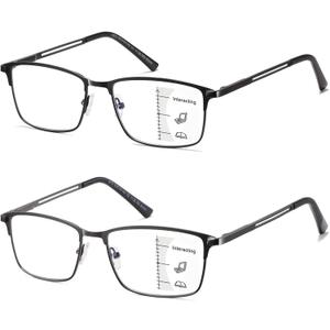 Progressive Multifocus Reading Glasses Men No Line Multifocal Transition Blue Light Readers Metal Wide Frame Eyeglasses (Multifocal ( Black + Gun ))