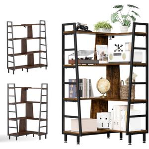 Corner Bookshelf 4 Tier Corner Deformable Book Shelf L Shaped Adjustable Bookcase Display Book Shelf Office Shelves Vintage Wooden Bookshelves for Living Room Bedroom Study Office Brown