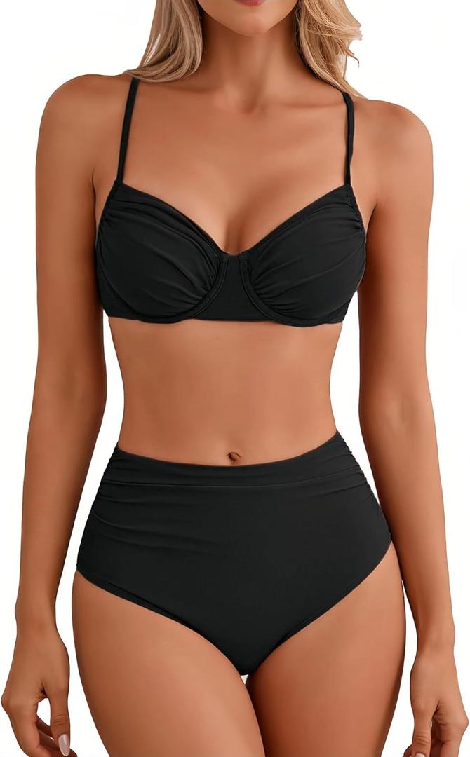 Jolefille Women High Waisted Bikini Sets Underwire Push Up Swimsuit 2 Piece Tummy Control Bathing Suits Teens Swim Suit 2026 (Medium)