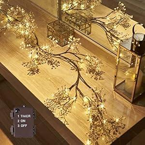 Hairui Lighted Baby Breath Flower Garland Battery Operated with Timer 48L Warm White LED 6FT, Artificial Gypsophila Vine Lights for Thanksgiving Christmas Decor Indoor Outdoor Use
