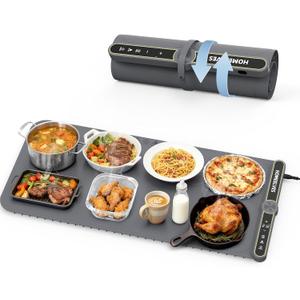Food Warming Mat Extra Large, Rapid Heating Electric Warming Tray with 9 Temp Setting and 6 Hours Timer, Foldable Warming Trays for Food, Portable Food Warmers for Parties Buffet, Gray (32x15 Inch)