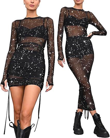 Womens Mesh Dress Ruched Glitter Long Sleeve Bodycon Sexy See Through Clubwear Rave Outfits Small