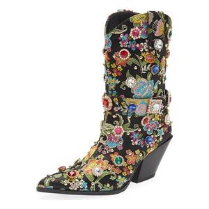GPXGPX Western Cowboy Boots For Women Flower Embroidered Rhinestone Mid Calf Pointed Toe Chunky Heel Cowgirl Boots 8.5