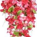 2 Pcs Fake Hibiscus Flowers Artificial Hanging Flowers Plants Outdoors Realistic UV Resistant Spring Summer Decor Red Pink Silk Faux Hibiscus Flower Trailing Vines for Front Door Porch Outside