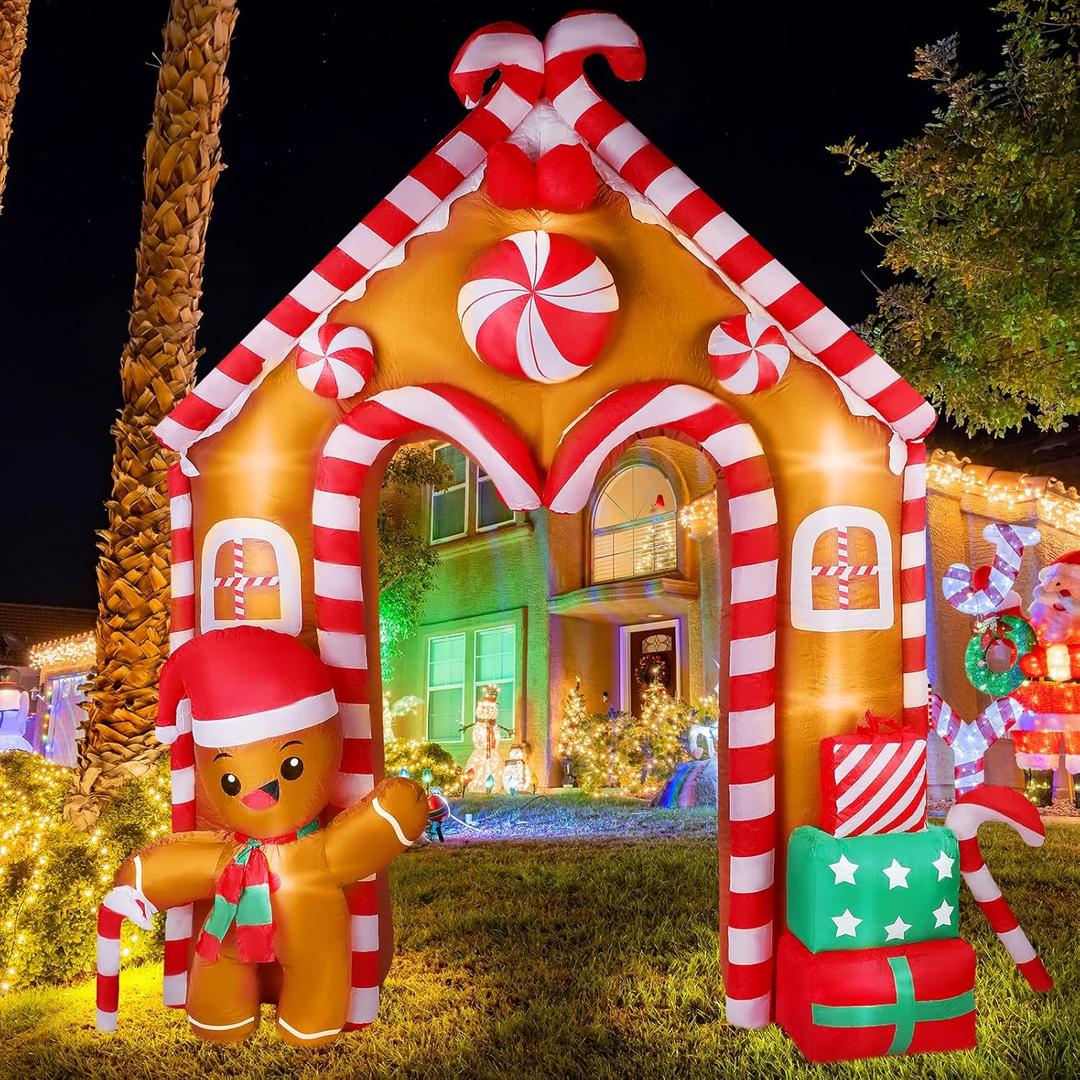 Lenwen 10 ft Christmas Inflatable Gingerbread House Archway Gingerbread Man Cookie House and Candy Cane Decor with LED Lights Set for Christmas Party Indoor Outdoor Yard, Door Holiday Decorations (Red)