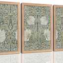 3Pcs Framed Abstract Floral Canvas Wall Art Vintge Green Flower Painting Picture Wall Decor Retro white Flowers Botanical Poster Print Artwork for Living room Bedroom Home Decoration, 24"L x 16"W