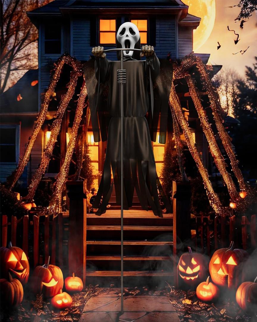 COOLWUFAN Halloween Flying Scarecrow Ghost with Metal Pole, Large Scary Spooky Scarecrows Ghosts, Creepy Grim Animated Halloween Decorations for Outdoor Yard Porch Lawn Garden, Party (1 Pack) (7 FT)