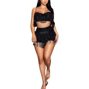 Tbahhir Women's Fringe Sequin 2 Piece Outfit Set Sexy Flowy Tassel Crop Top Shiny Mini Shorts Pants Clubwear (Large, Black)
