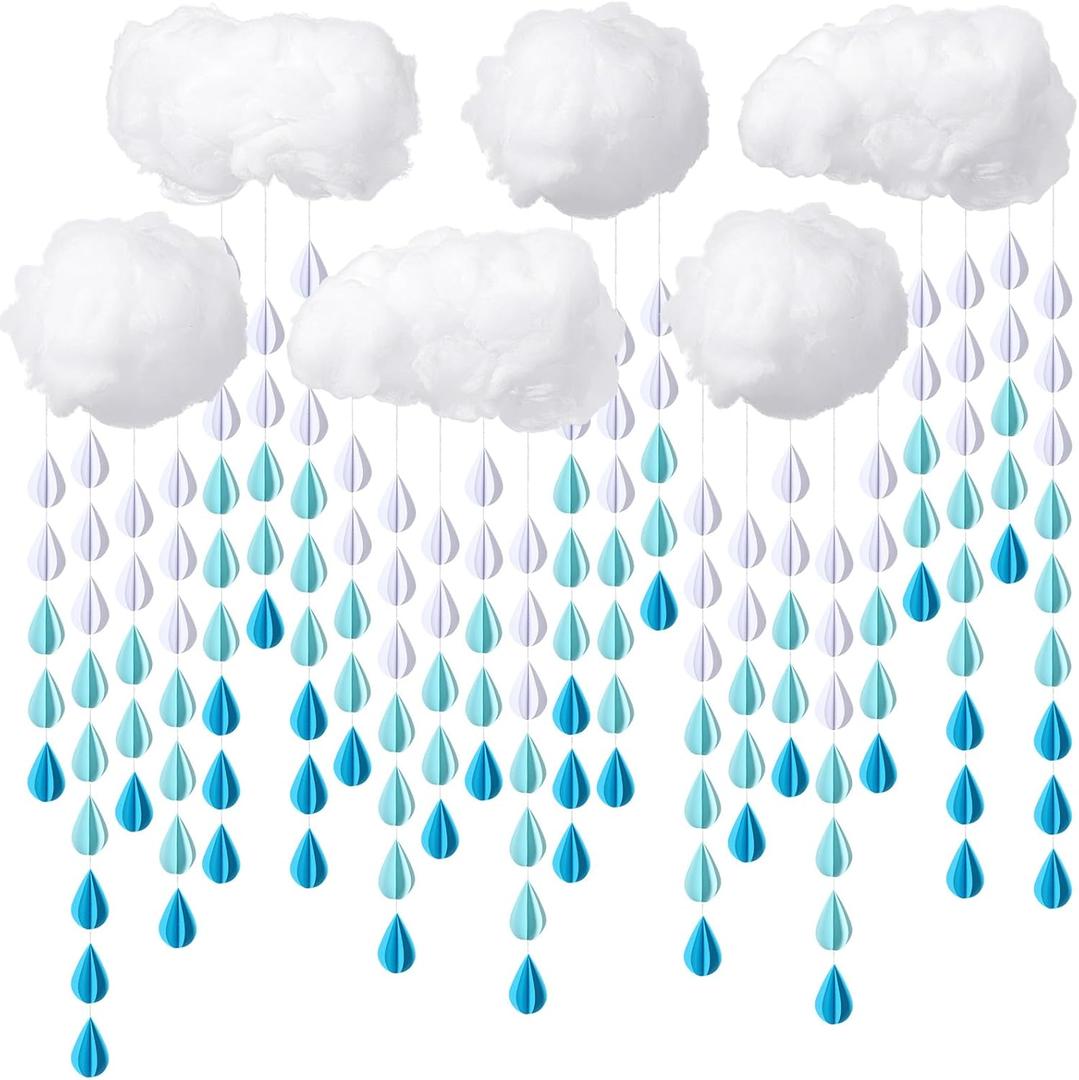 Amyhill 30 Pcs Artificial Cloud Raindrop Props 6 Pcs 3D Fake Clouds 24 Raindrop Garlands Room DIY Decorative Hanging Ornament Blue Hanging Rain Drops Decor for Baby Shower Birthday Wedding Party