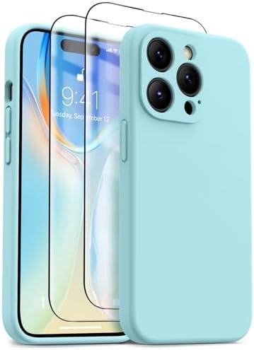 OTOFLY Designed for iPhone 14 Pro Max Case, Liquid Silicone Case with 2 Pack Tempered Glass Screen Protector, Upgraded Camera Protection, Anti-Scratch Soft Microfiber Lining, 6.7 inch (Light Cyan)