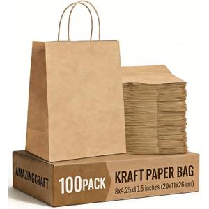Amazingcraft Gift Bags 8x4.25x10.5 100Pcs Brown Paper Bags with Handles Bulk for Wedding, Party Favor, Grocery, Shopping, Retail, Merchandise Medium Kraft Paper Sacks