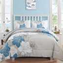 Luxudecor Floral Comforter Set Queen Size, Blue Floral Comforter and Sheet Set, 7 Pieces Bed in a Bag Soft Microfiber Complete Bedding Sets for All Seasons 90"90"