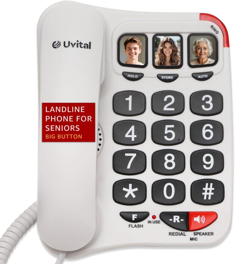 Uvital Big Button Phone for Seniors, White Senior Phone for Elderly Landline, Black Big Buttons Corded Landline Telephone for Home, Corded Landline Phones for Home, Loud Speaker | One-Touch Dial