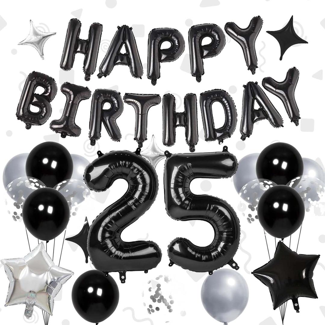 32 Inch 25 Balloon Numbers, Happy Birthday Balloons Banner 16 Inch Foil Letters Balloon Silver and Black Star Balloons for 25th Birthday Decorations for Boys Black Party Decorations