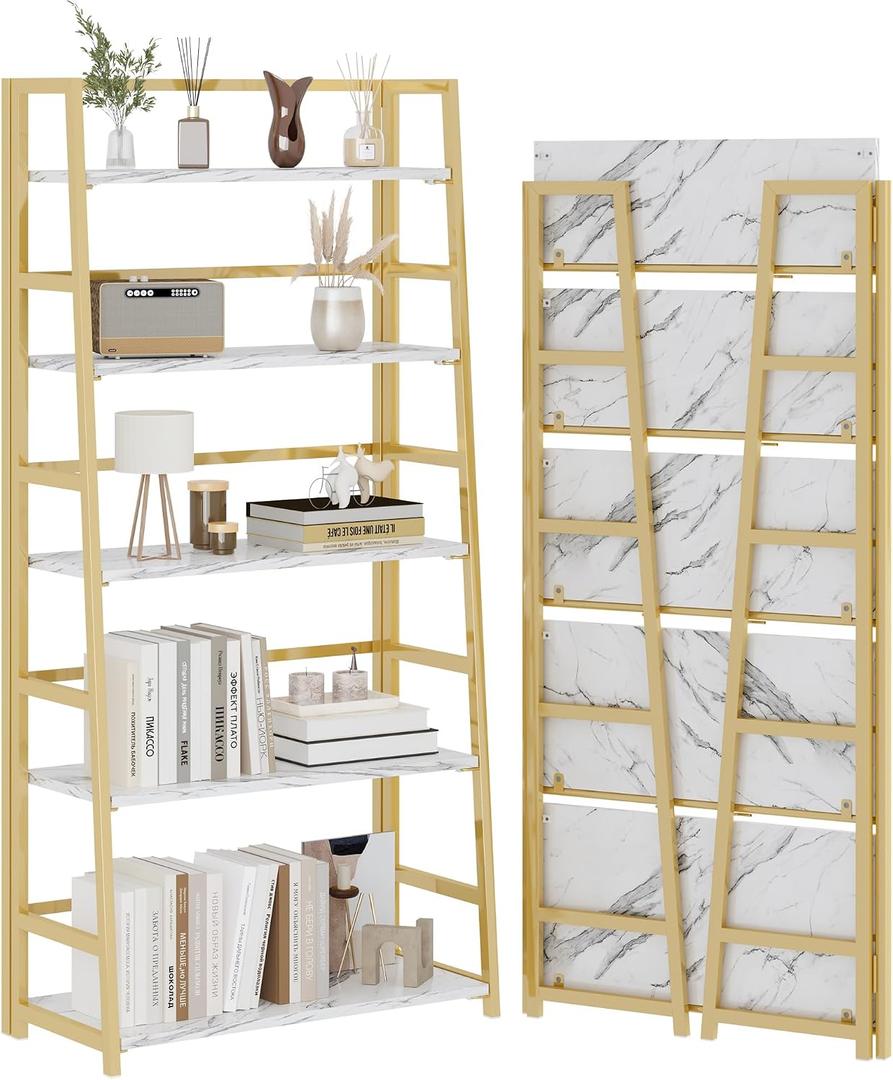 JSB 5 Tier Bookshelf, No Assembly Folding Ladder Bookshelf, 51.6in Tall Foldable Ladder Shelf, Bookcase for Home Office, Living Room,Space-Saving (White & Gold, 5 Tier)