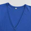 Albe Rita Women Short Sleeve T-Shirt Cap V Neck Shirts for Women Ribbed Casual Top Knit Slim Fit for Summer (Blue)