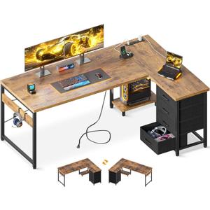 AODK L Shaped Desk with 4 Tier Drawers, 61" Reversible Gaming Desk with Power Outlets, L Shaped Computer Table with USB Charging Port and Host Stand, Home Office Table, Easy to Assemble, Vintage