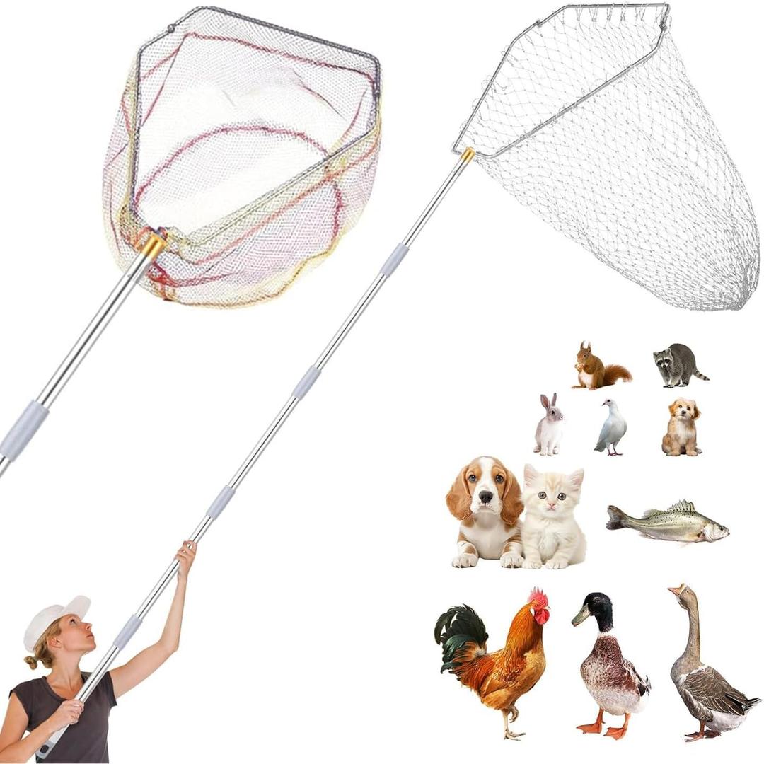 Chicken Catching Net Set 2 Nets with Adjustable 74 Inch Pole, Lightweight Bird & Animal Catcher for Chickens, Ducks, Geese, Fish, Cats Heavy-Duty Nylon Net with Stainless Steel Frame