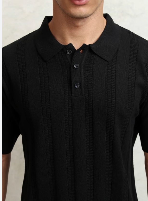 Knit Polo Shirts for Men Short Sleeve Textured Polo Shirt Slim Fit Summer Collared T Shirt Black L