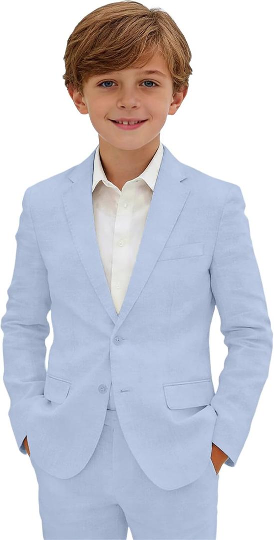 Boys Linen Suit Slim Fit 5 Pieces Formal Kids Linen Suit for Boys Teens Summer Wedding Dress Clothes, Size 12