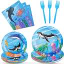 WERNNSAI Ocean Party Decorations - 64 Pcs Shark Party Plates Napkins Forks Under the Sea Theme Party Supplies Sea Animal Paper Plates Napkins for Kids Birthday Baby Shower Serves 16 Guests
