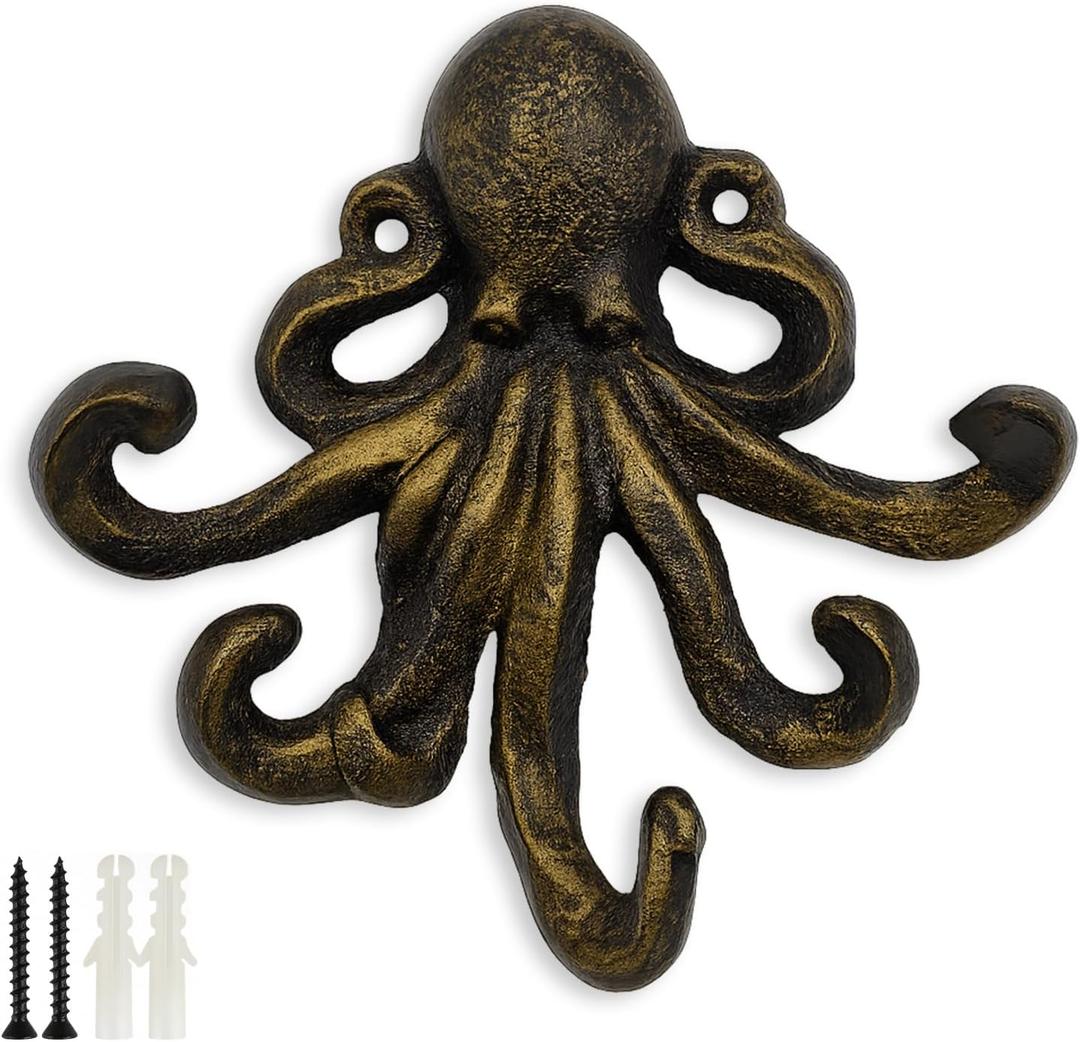 Octopus Cast Iron Wall Hook  Nautical Decorative Key Holder, Coastal Ocean Theme Animal Hook for Entryway, Bathroom, or Bedroom, Heavy Duty Antique Bronze