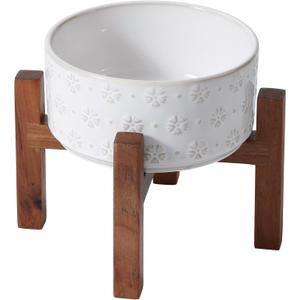 Ceramic 6.1inch Raised Dog and Cat Bowl Set, 2 Heights Elevated with Acacia Wood Stand, Food and Water Bowl for Small Breed Dogs, Weighted Dog Dishes(27oz, Arctic White) (3.4CUPS)