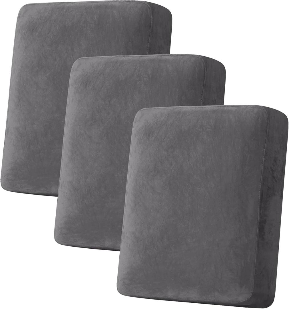 H.VERSAILTEX Velvet Stretch Couch Cushion Cover Plush Cushion Slipcover for Chair Loveseat Sofa Cushion Furniture Protector Seat Cushion Sofa Cover (3 Piece Sofa Cushion Covers, Grey)