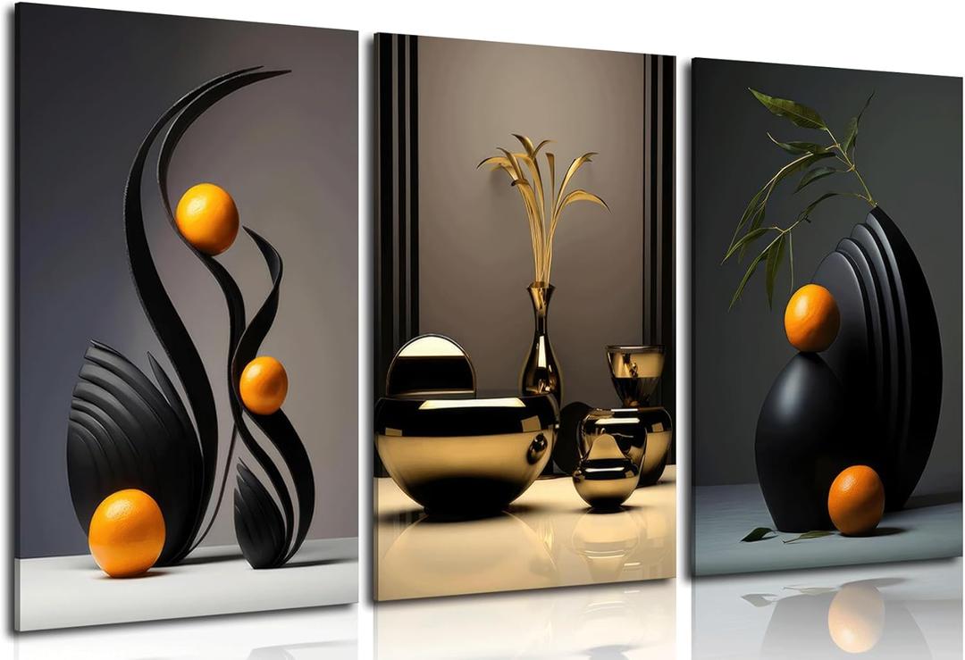 Framed Black Abstract Canvas Wall Art Three-Dimensional Sculpture Ceramic Wall Deco Pictures Modern Still Lifes orange Black Shape Posters Prints for Living Room Bedroom Bathroom Home Decoration (24L" x 16W", Canvas)
