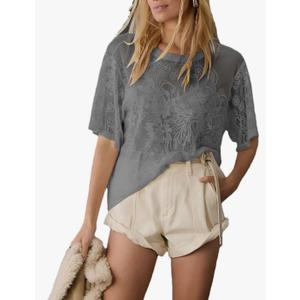 No Brand Women Summer Sexy Mesh Tops Fashion Casual Round Neck Lace Printed Floral Sheer Blouse See Through Shirt Medium