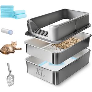 Stainless Steel Sifting Litter Box, 24" x 16" x 12" Extra Large Metal Sifting Cat Litter Box for Pine Pellet, High Sides Metal Litter Box with Lid for Big Cats, Anti-Leakage(Grey)