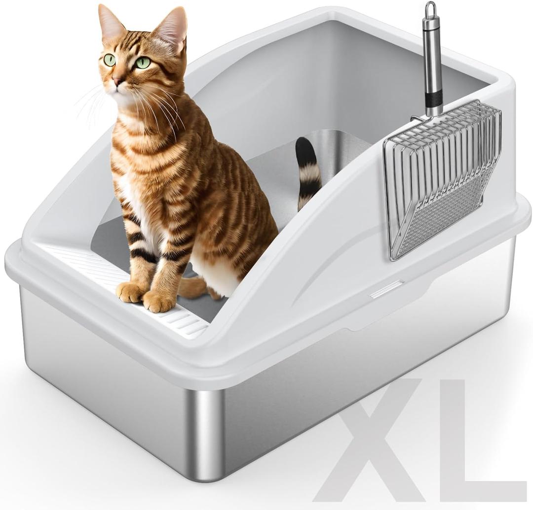 FURTIME Stainless Steel Litter Box with Lid, XL Metal Cat Litter Box for Big Cats, Extra Large Box High Sided, Non-Sticky, Easy to Clean, Anti-Urine Leakage, Include Metal Litter Scoop (Silver Gray)