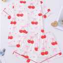 WDIRARA Women's 2 Piece Bow Cherry Print Pajama Set Short Sleeve Button Down Shorts Sleepwear Pjs (M)