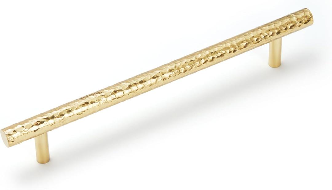 6-Pack Solid Brass Kitchen Cabinet Pulls, Gold Modern T-Bar Handles, 6-5/16-Inch Hole Center Hammered Handles for Dresser Drawer Cupboard, 8-1/8 Inch Total Length, Polished Finish
