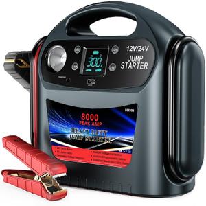8000A Car Battery Jump Starter, Heavy Duty Jump Box for Gas & Diesel Vehicles, 12V/24V Portable Power Pack with LED Light for Trucks, SUVs, Commercial & Diesel Engines