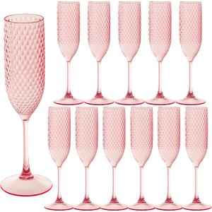 12 Pack Pink Plastic Champagne Flutes Mimosa Unbreakable Champagne Glasses Wedding Toasting Glasses 5.5 OZ Reusable Diamond Glasses Wine Cups Vintage Drinking Glasses for Wedding,Christmas,Party