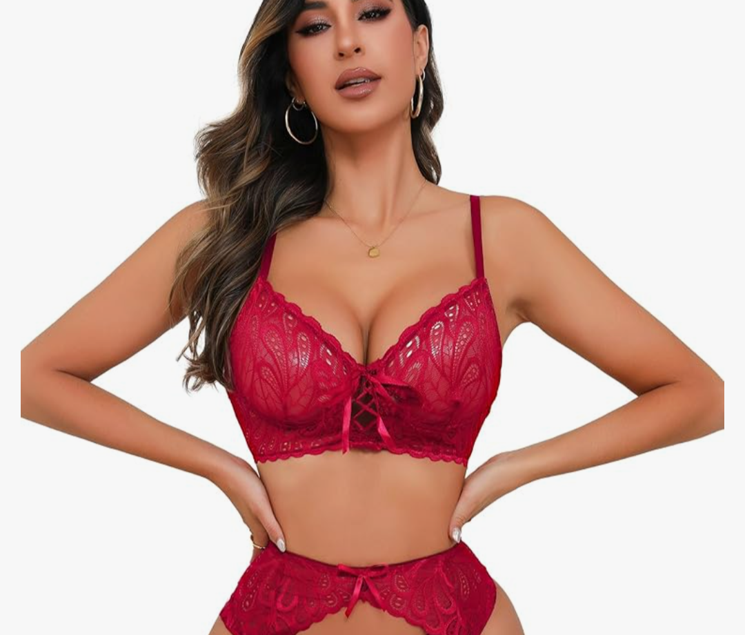 Sexy Lingerie for Women,3 Piece Lace Lingerie Set Bra with Garter Belt Babydoll Teddy, Size M