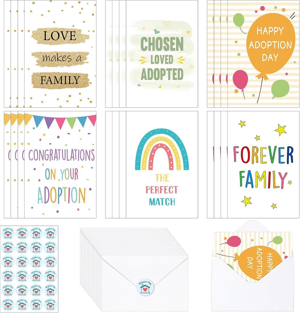 24 Pack Adoption Cards Happy Adoption Day Gift Greeting Cards with Stickers and Envelopes for Adoptive Parents Congratulations New Family Dad Mom Gotcha Day Party Decorations
