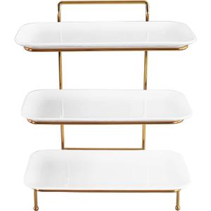 jinsongdafa 3-Tier Service Plates Stand, with 3 Pcs 12.2 Inch Ceramic Plates and Foldable Sturdy Gold Stand, for Food Display, Fruit, Cake Dessert, Decoration for Party Entertaining, White