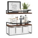 WOPITUES Floating Shelves with Wire Storage Basket, Bathroom Shelves Over Toilet with Protective Metal Guardrail, Wood Wall Shelves for Bathroom, Bedroom, Living Room, Toilet Paper- Dark Brown