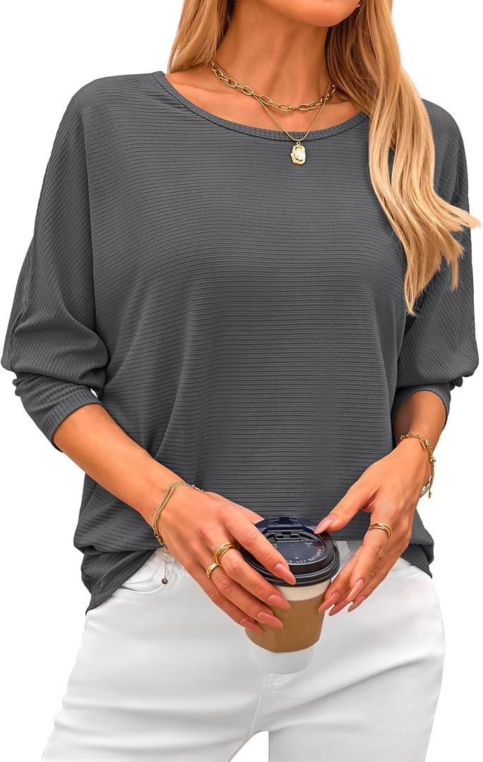 CFLONGE Women's Crewneck Batwing Long Sleeve Shirts Lightweight Knit Ribbed Tops 2024 Loose Blouse Solid Pullover Sweatshirts, XL