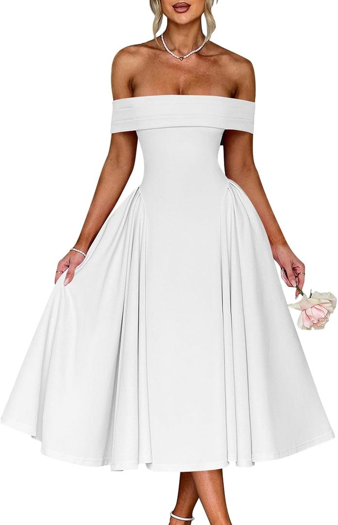 YMDUCH Women's Elegant Off Shoulder Short Sleeve A line Flowy Swing Cocktail Party Long Dress (White)