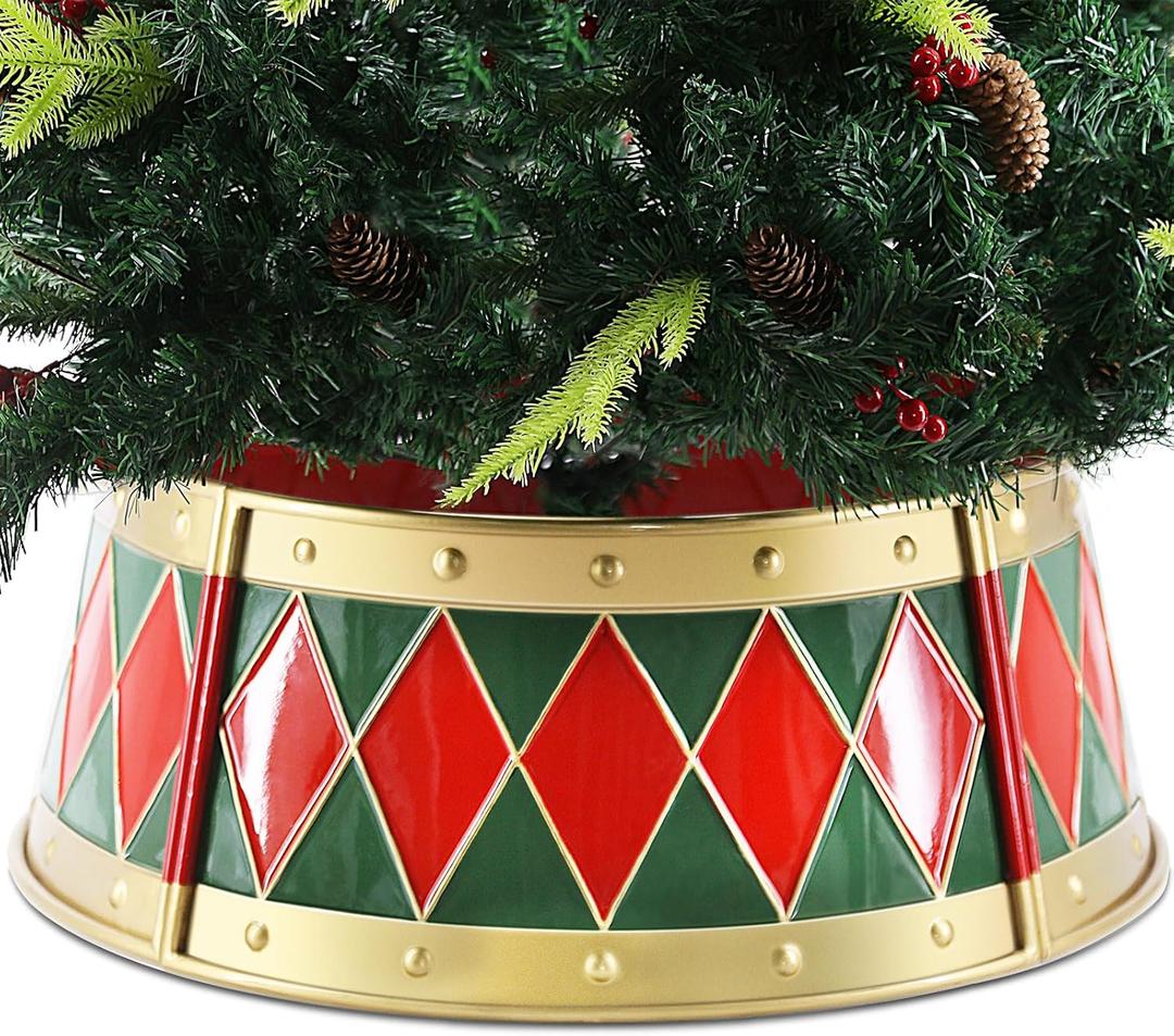 Metal Christmas Tree Collar, 26 in Round Christmas Tree Base Collar for Artificial Tree Decorations (Red Green Gold Drum Style) (Red Green Gold Drum Style)