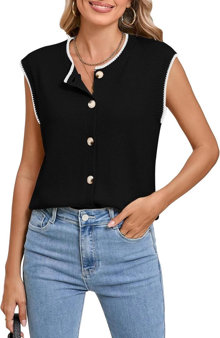 Pink Queen Women's Sweater Vest 2025 Sleeveless Tank Tops Casual Crewneck Button Down Fashion Knitted Vest Cardigans (Black, S)