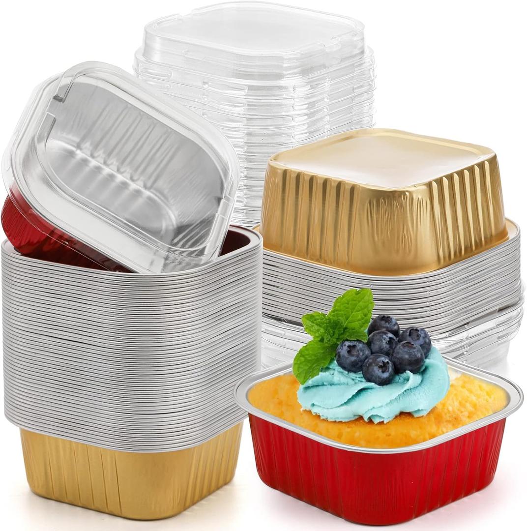 ZEAYEA Pack of 60 10 oz Aluminum Foil Baking Cups with Lids, Disposable Foil Ramekins Cupcake Containers, Cupcake Muffin Liners Cups for Wedding Christmas Birthday Party