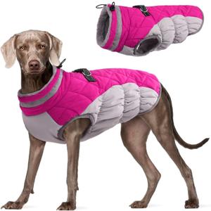 FUAMEY Dog Coat - Warm Winter Jacket with Padded Fleece, Reflective, Waterproof & Windproof, Built-in Harness, Rose Red, Large (Large(chest:24in), Pink)