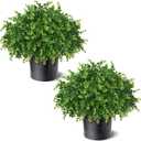 2 Set Real Touch Artificial Eucalyptus Topiary Trees for Outdoor Decor - 16" Faux Eucalyptus Potted Plant, Fake Greenery Shrubs in Black Pot for Front Door Porch Farmhouse Shower Home Decor