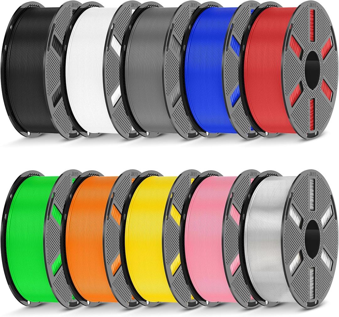 JAYO PETG 3D Printer Filament Bundle 1.75mm, 1.1kg, 10-Pack 11kg Total, Strong Impact Resistance, Black, White, Gray, Blue, Red, Green, Orange, Yellow, Pink & Transparent