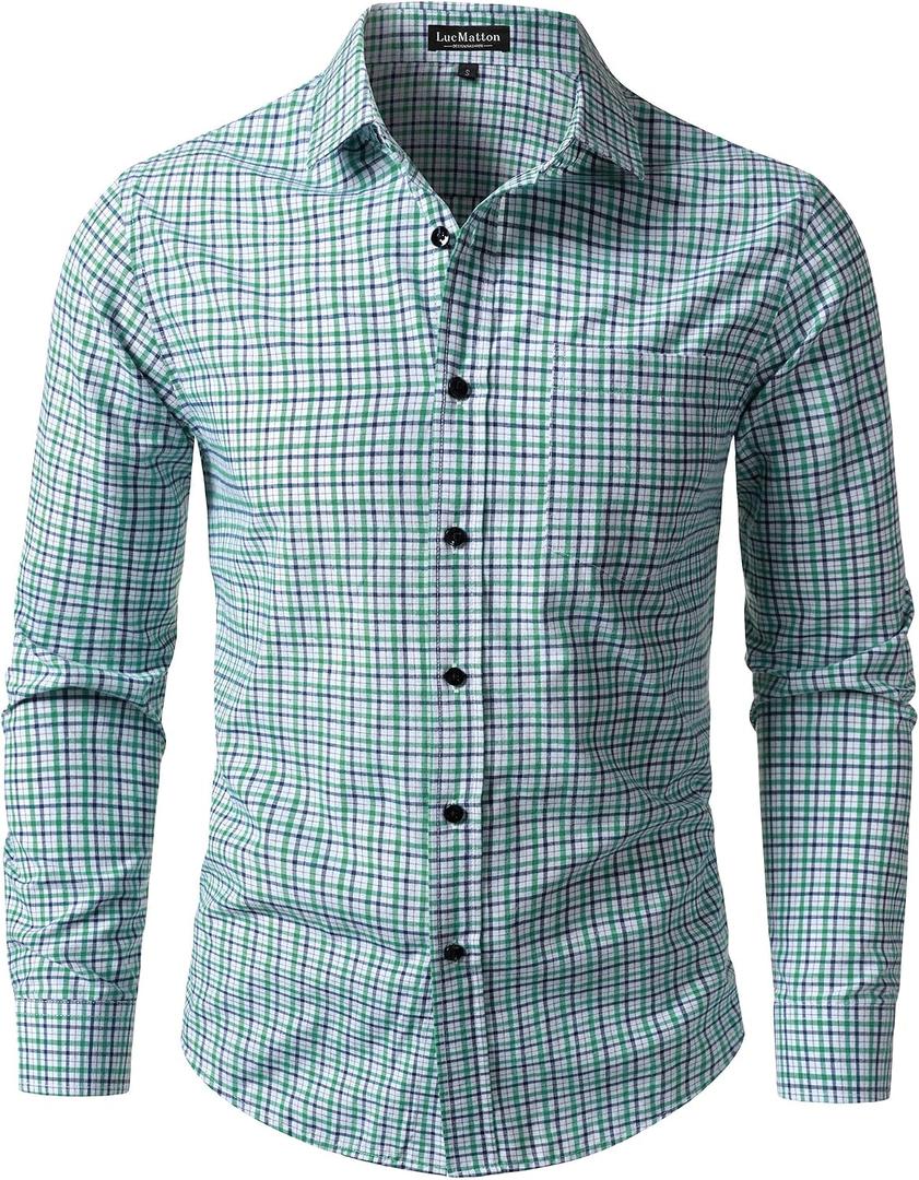 LucMatton Men's Lightweight Gingham Dress Shirt Casual Business Slim Fit Long Sleeve Button Down Shirts with Pocket Medium