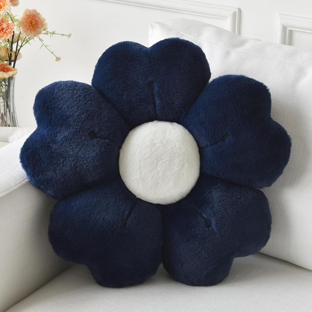 Flower Pillow, Flower Shaped Pillow Decorative Throw Pillows for Bed Couch, Cute Daisy Pillow Dorm Decor Floor Seating Cushion (Navy Blue, 15 Inches)